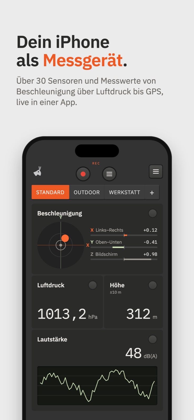Dashboard mit Beschleunigung, Luftdruck, Höhe und Lautstärke