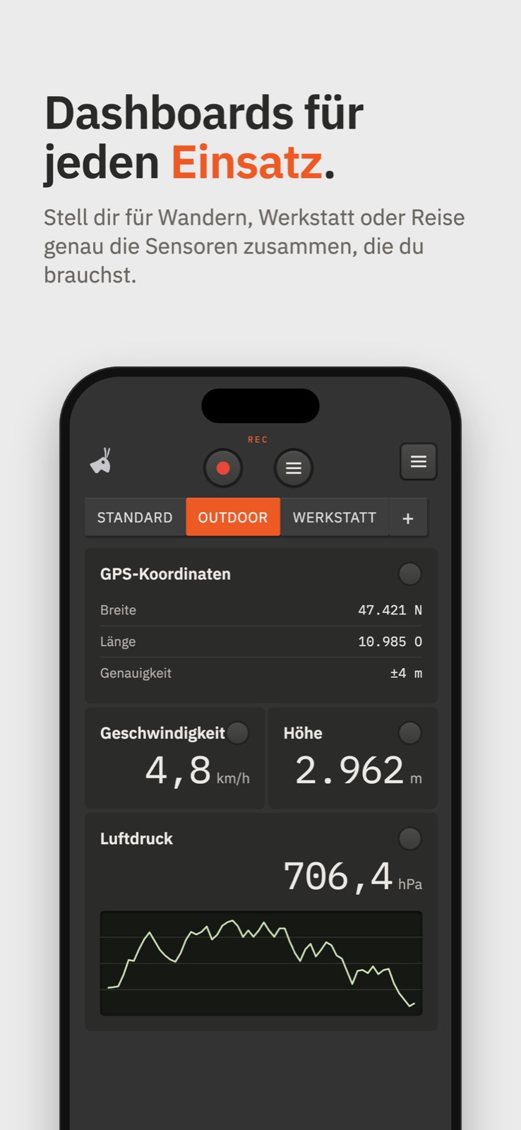 Outdoor-Dashboard mit GPS-Koordinaten, Geschwindigkeit, Höhe und Luftdruck