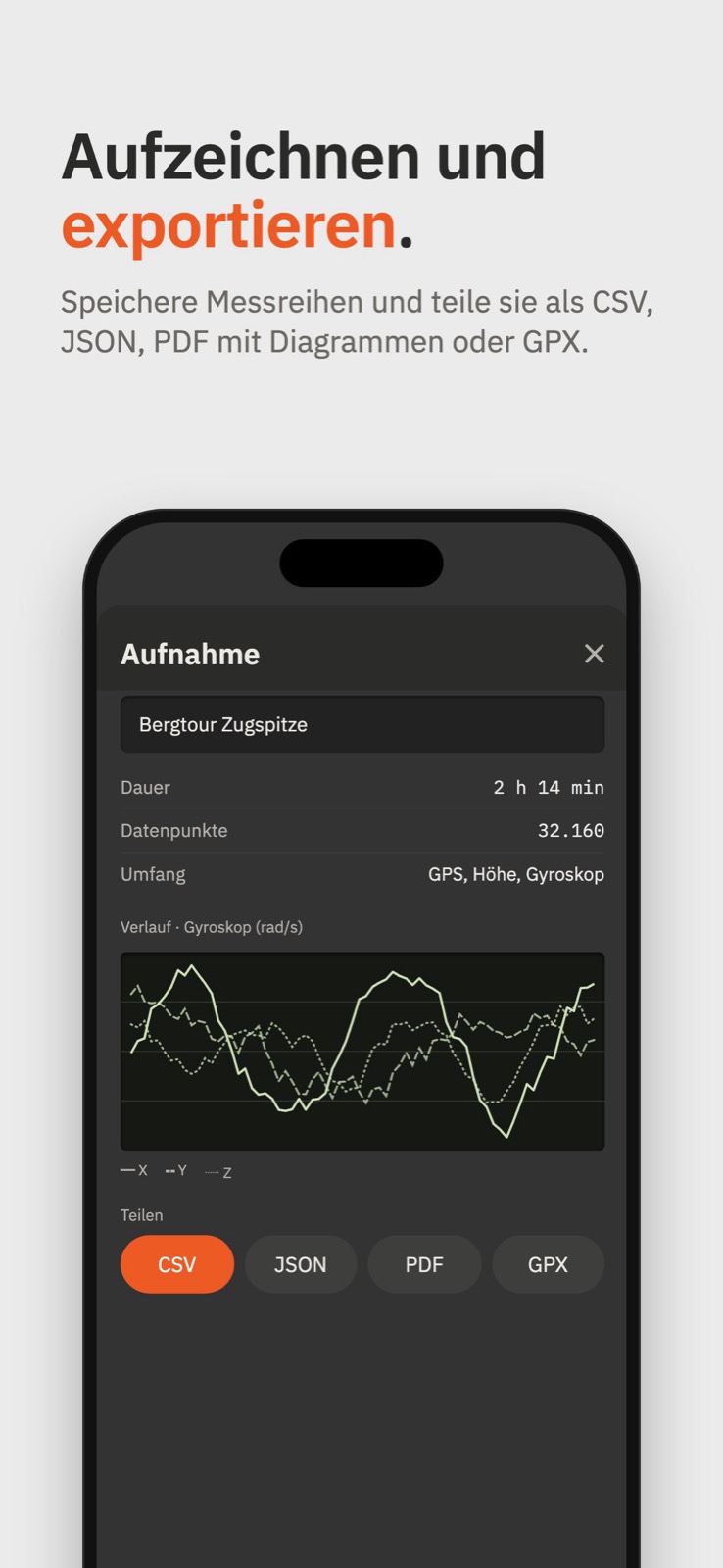 Export einer Messreihe als CSV, JSON, PDF oder GPX