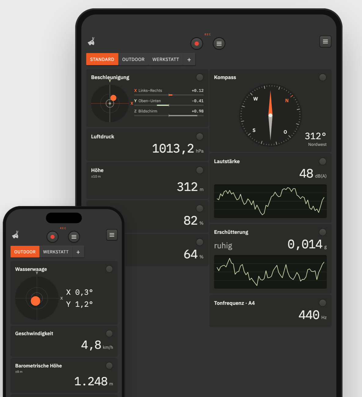 Sensorhopper auf iPad und iPhone: Dashboards mit Beschleunigung, Kompass, Luftdruck, Lautstärke und Wasserwaage
